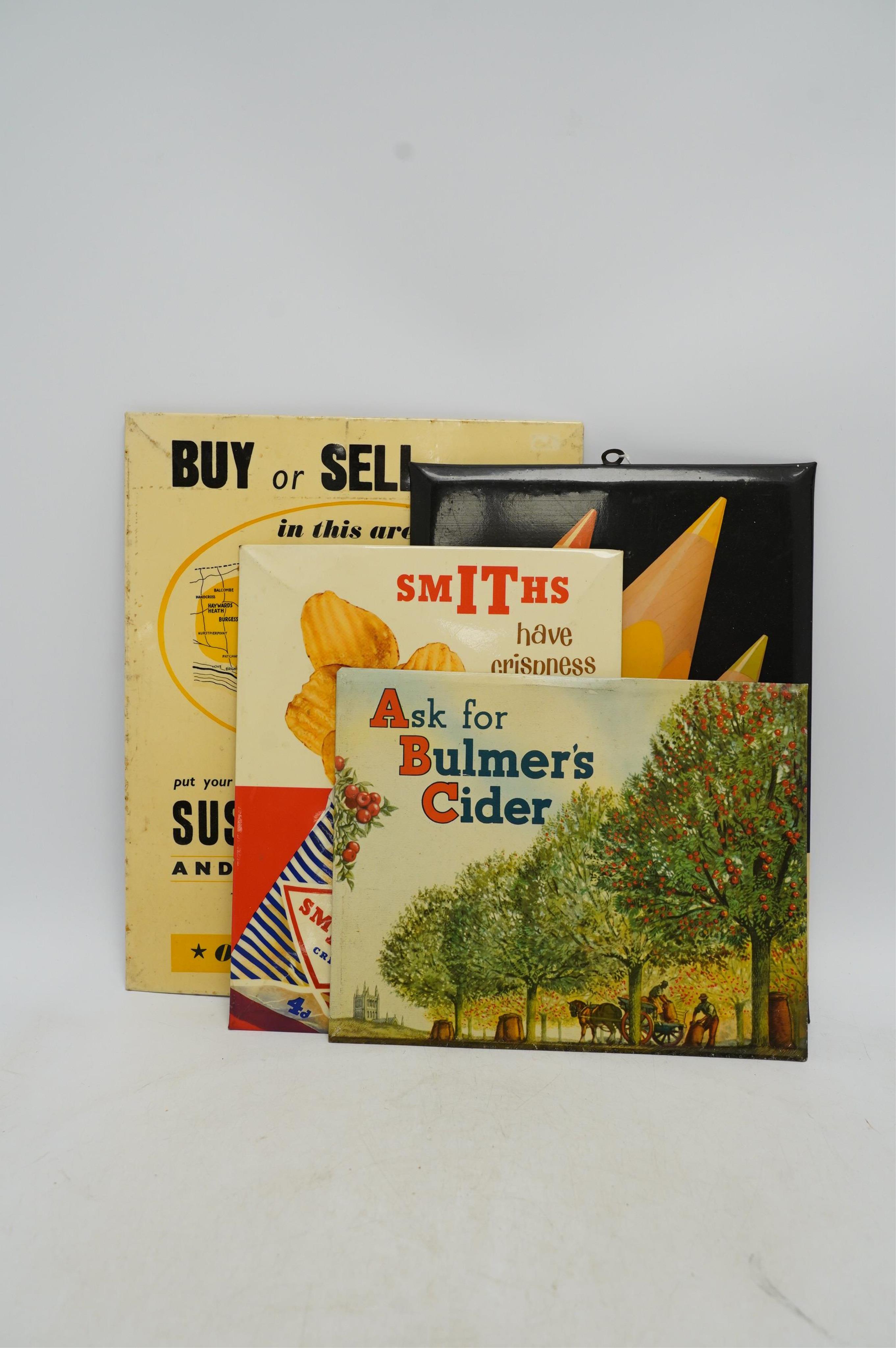Four mid century printed advertising signs, Sussex Express, Caran D'ache, Smiths Crisps and Bulmer cider, largest 24 x 30cm. Condition - fair